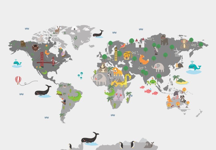Fototapeta mapa świata dla dzieci zwierzęta szara