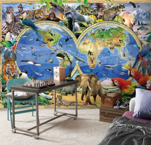Fototapeta mapa świata dla dzieci zwierzęta zoo