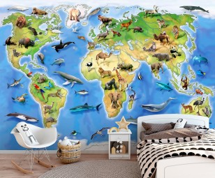 Fototapeta mapa świata dla dzieci zwierzęta kontynenty