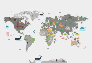 Fototapeta mapa świata dla dzieci zwierzęta szara