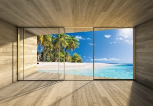 Fototapeta 3d widok plaża morze krajobraz palmy natura okno