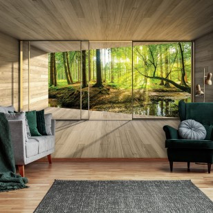 Fototapeta 3d las słoneczny widok z okna natura