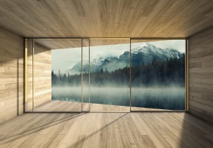 Fototapeta 3d las we mgle góry widok z okna natura