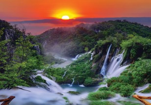 Fototapeta wodospad natura krajobraz las widok zachód słońca